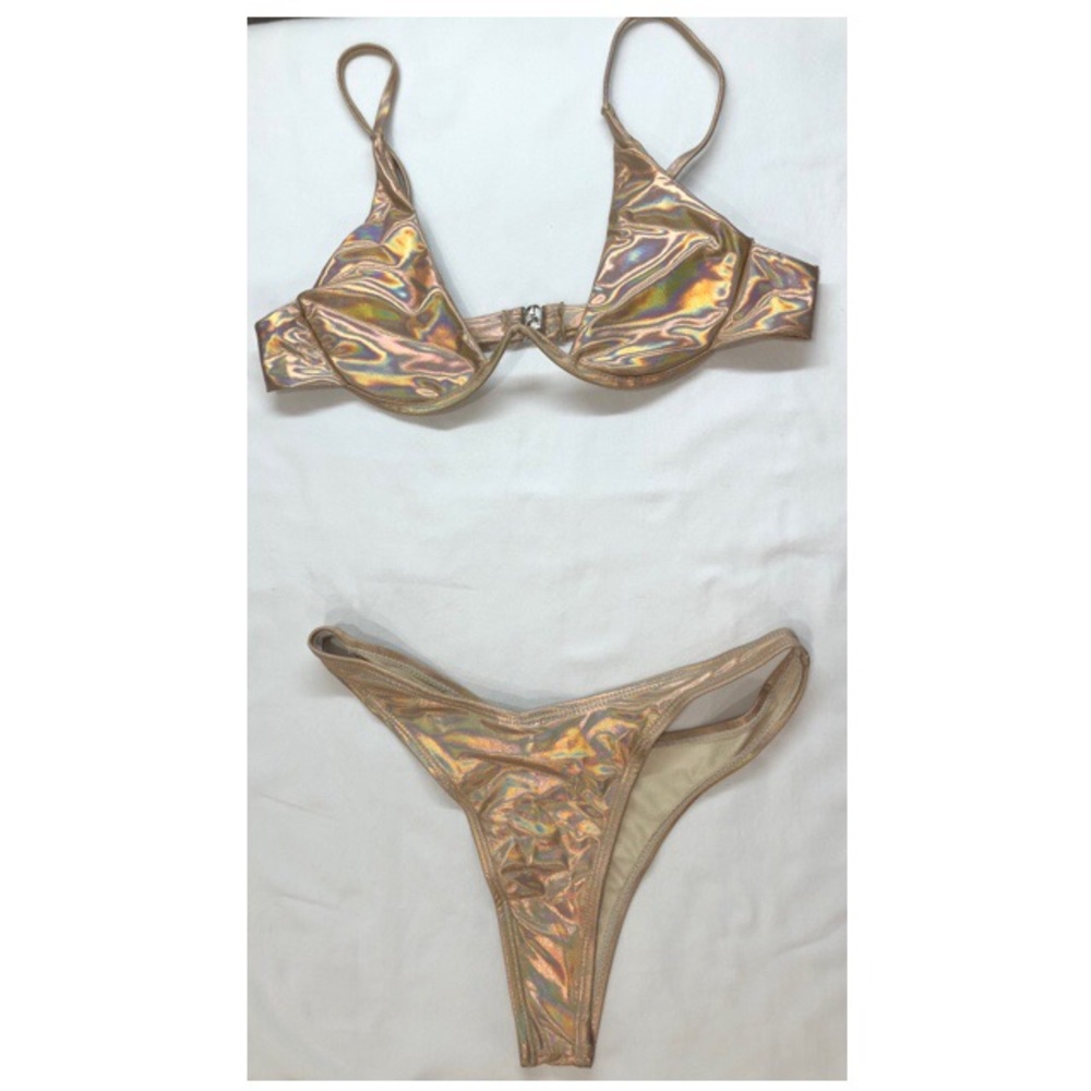 Holographic rose gold polyester spandex two piece high waist bikini size small/4